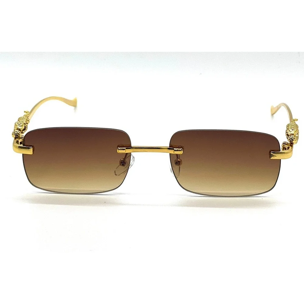Men Rimless Brown Lens Gold Sunglasses Metal Leopard Sophisticated Hip Hop Style